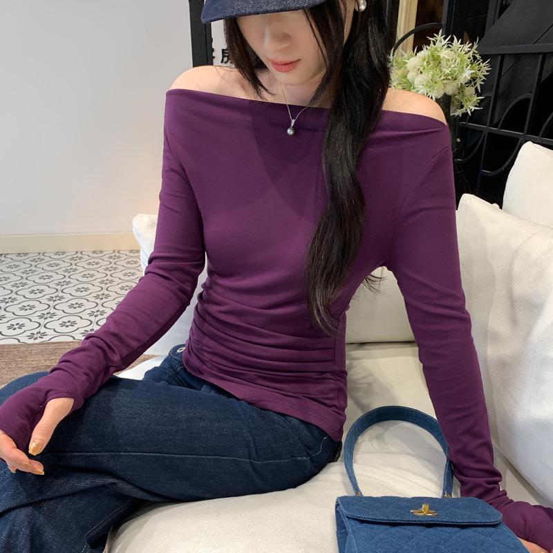 Elegant Black Off-Shoulder Cinched-Waist Women s T-Shirt, Autumn/Winter 2026 Extra Large фиолетовый