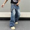 American Retro Male Ruffian Handsome Textured Cat Pattern High Street Wide-leg Pants New Loose Pendant Jeans