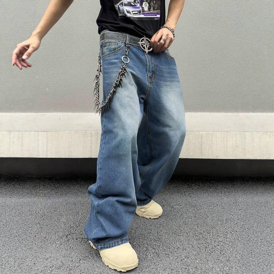 American Retro Male Ruffian Handsome Textured Cat Pattern High Street Wide-leg Pants New Loose Pendant Jeans