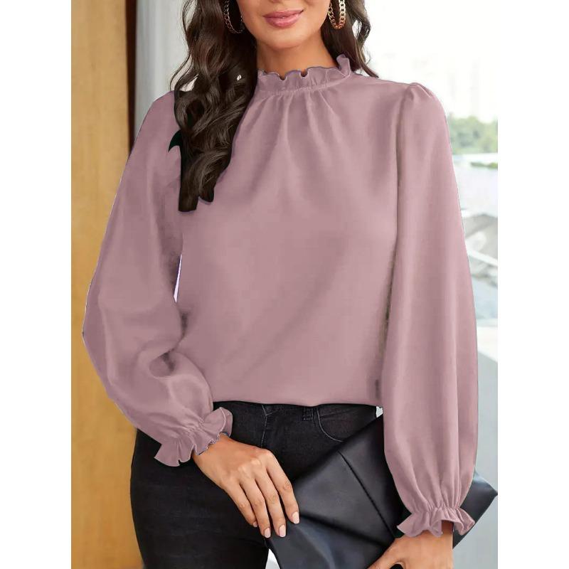 Women's Fashion Casual Spring Fall Solid Color Print Long Sleeve O-Neck Blouses & Shirts