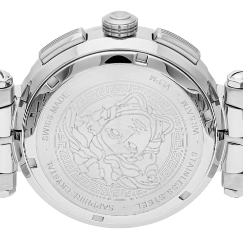 Versace GRECA CHRONO Greca Chronograph Watch, 45mm, Blue Dial, Stainless Steel, Sapphire Crystal, Quartz Movement, Men's, Silver, VEPM00420
