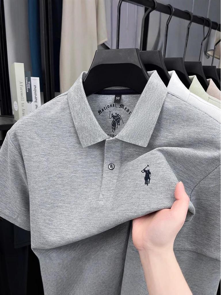 Men's Pony Logo Embroidered Cotton Polo Shirt - Short Sleeve, Turn-Down Collar, Casual Fit