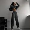 Solid Women Color Sleeve Long V Neck Hoodies Suit Autumn Winter Loose Top Wide Leg Pants