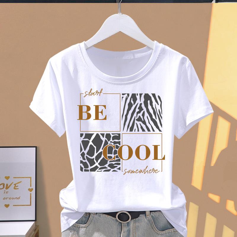 (Asian Size) leopard letter trend Top O-neck Tee Fashion Print Casual Short Sleeve T-shirts T Graphic Female Women's Clothing