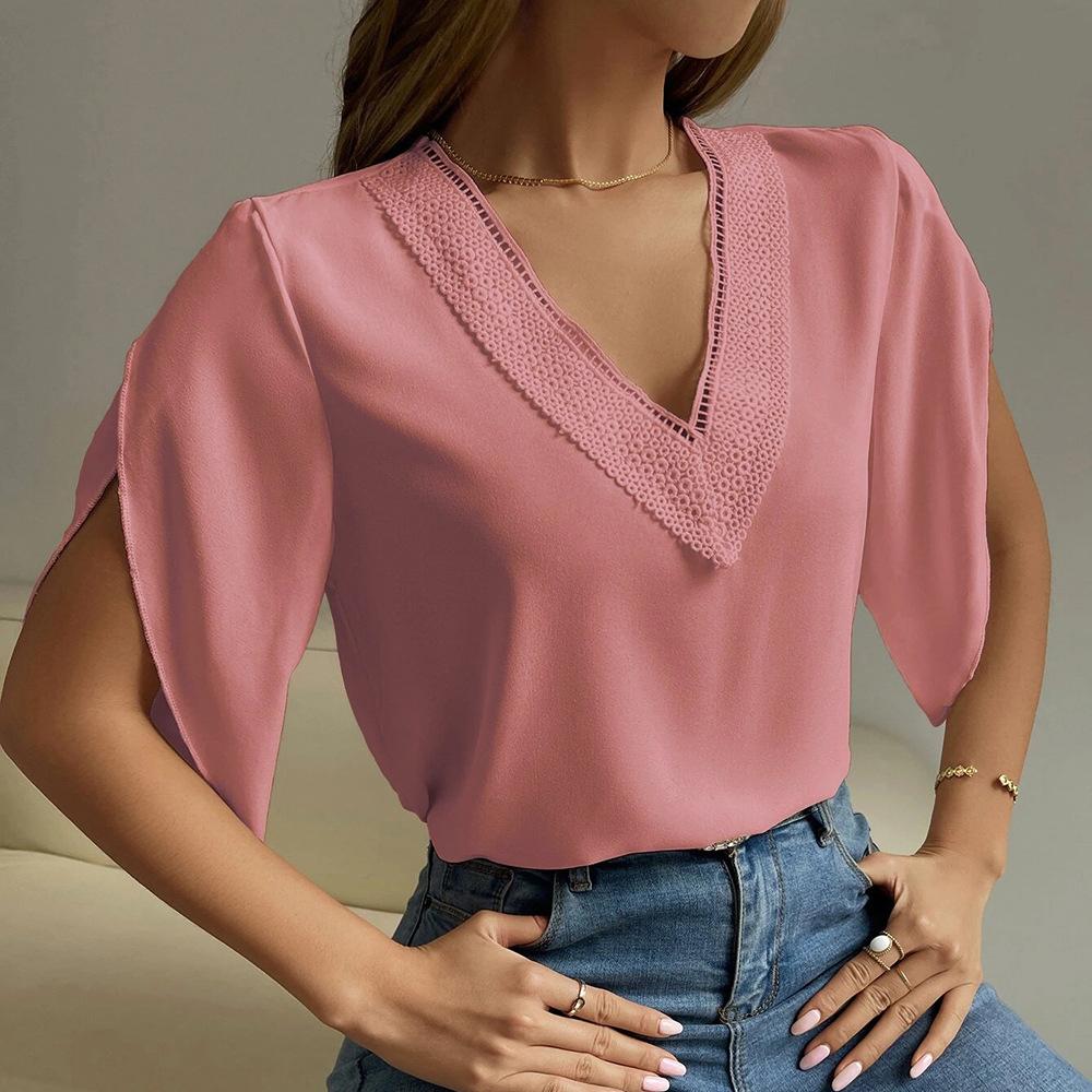 Frühling Sommer Frauen V-Ausschnitt Spitze solide Top Temperament Kurzarm Chiffon Shirt Blusen
