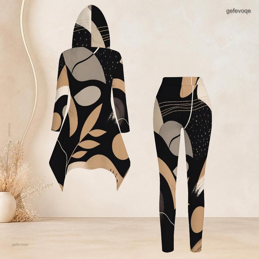 Women Plus Size Hooded Two Piece Set Long Sleeve High Low Printed Top And Fitted Pants