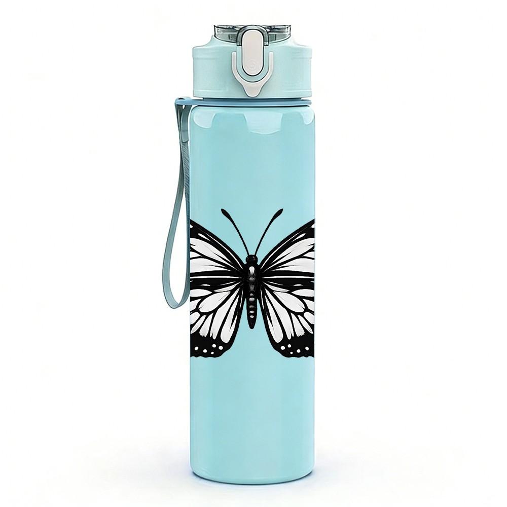 1PC Classic Black Butterfly Print 750ml Color Plastic Sports Water Bottle Leakproof Flip Straw Lid Suitable for Sports Office Home Use