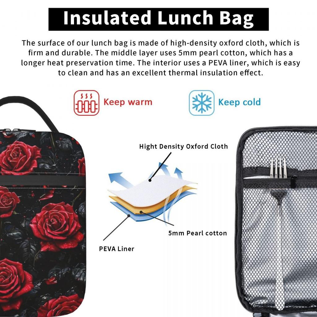 Red Rose Floral Design Insulated Lunch Bag for Women Kids Portable Food Boxes Thermal Lunch Box Tote