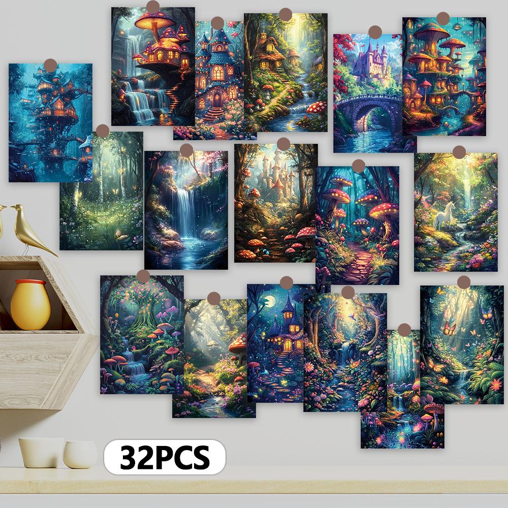 32pcs, Dream Forest Postcards, Wall Stickers, Mailing Cards, Greeting Cards, DIY Postcards, Souvenir Postcards, Decorative Items