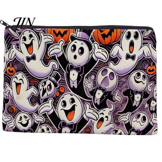 Durable Zipper Bag Halloween Storage Bag, with Colorful Cartoon Ghost Print, Canvas Trendy Makeup Large Capacity Lightweight Travel Toiletry Thick