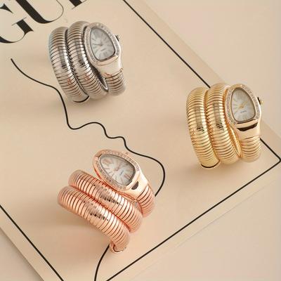 Elegant Snake-Shaped Quartz Wrist Watch for Women-Flexible Spring Band, Fashion Accessory, Snake Motif Design, Embellished Band