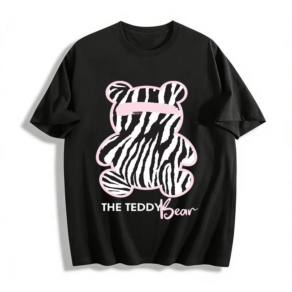 

Zebra Print Cute Bear Graphic Tee Casual Loose Fit Trendy Sweet Cool Style Daily Commute Top Pure cotton T-shirt 6XL