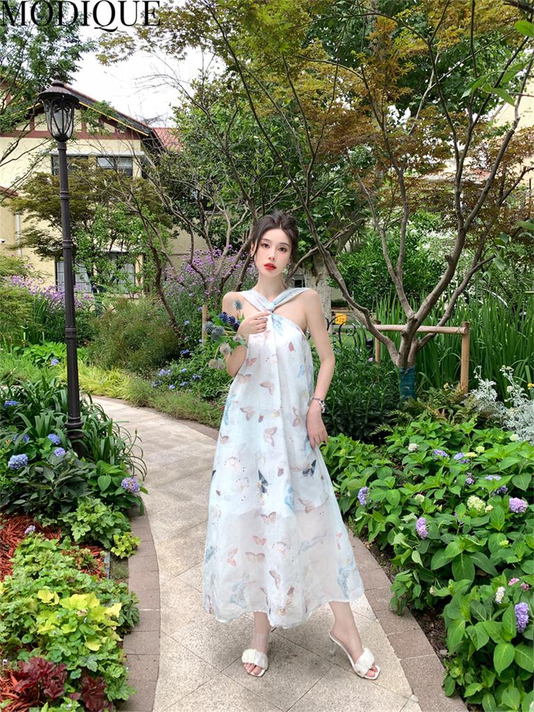 MODIQUE Summer Women Elegant Butterfly Print Casual Beach Backless Mesh Gauze Girly Halter Long Dresses Holiday Lady Fairycore Sweet Atmosphere Dress