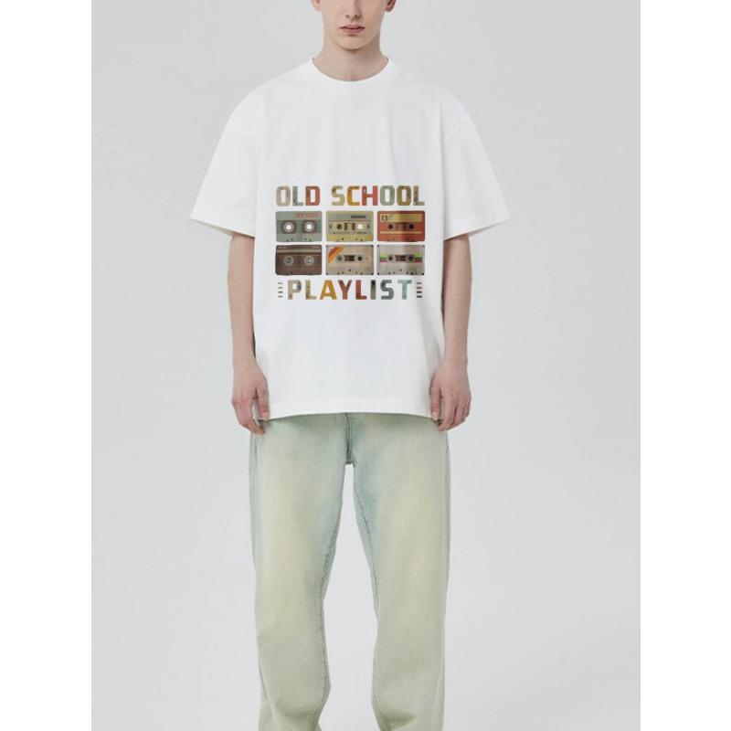 Czarny T-shirt Nadruk Kaseta Magnetofonowa Old Schoolowa Lista Odtwarzania Casualowa Odzież Uliczna dla Mężczyzn i Kobiet