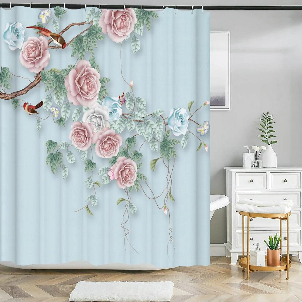 Beautiful Flowers Shower Curtains Floral Printed 3D Curtain For Bathroom Polyester Fabric Waterproof Bathroom Curtain with Hooks