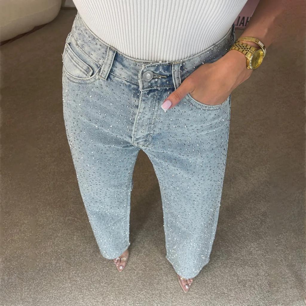 Women  Straight Jeans Diamonds Pants Stretch High Waist Washed Distressed Pockets Vintage Denims Streetwear Female Trousers