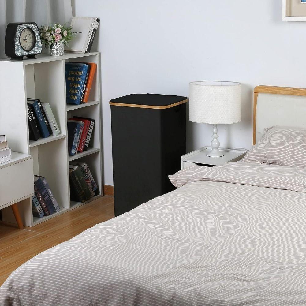 Collapsible Slim Laundry Hamper with Lid Bamboo Handles Removable Inner Bag Clothes Basket Bin Lightweight Foldable