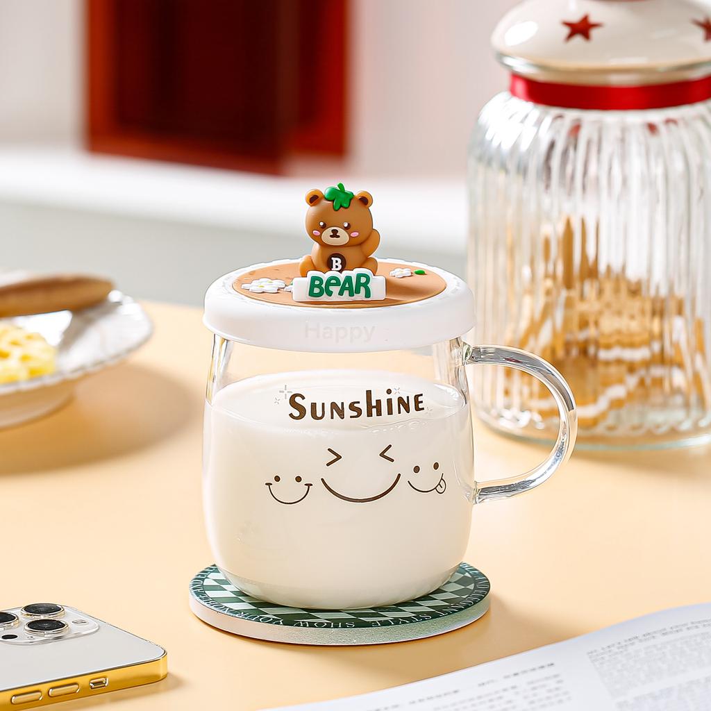 Becher aus hochborosilicatglas mit Deckel, niedlicher Bären-Wasserbecher, hochtemperaturbeständig, Bürobecher für Mädchen, kreativer, persönlicher Cartoon-Becher