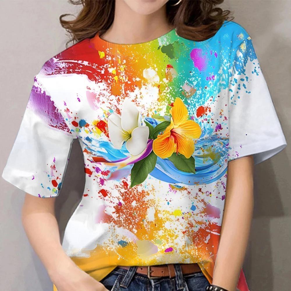 Tie dye printed women s T-shirt | Hawaiian style round neck 2XS
