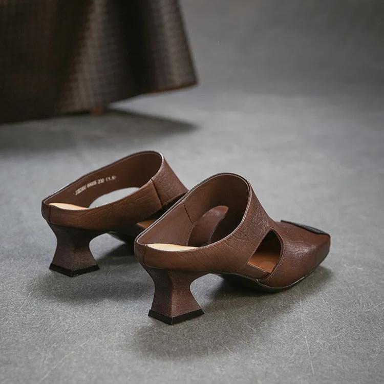 Johnature Retro Square Toe Thick Heel Fashion Slippers Breathable And Versatile Genuine Leather Women's Shoes