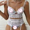 Women Sexy Lace Underwear V-neck Chest Pad Bra Thong Bow Garter Lingerie Set