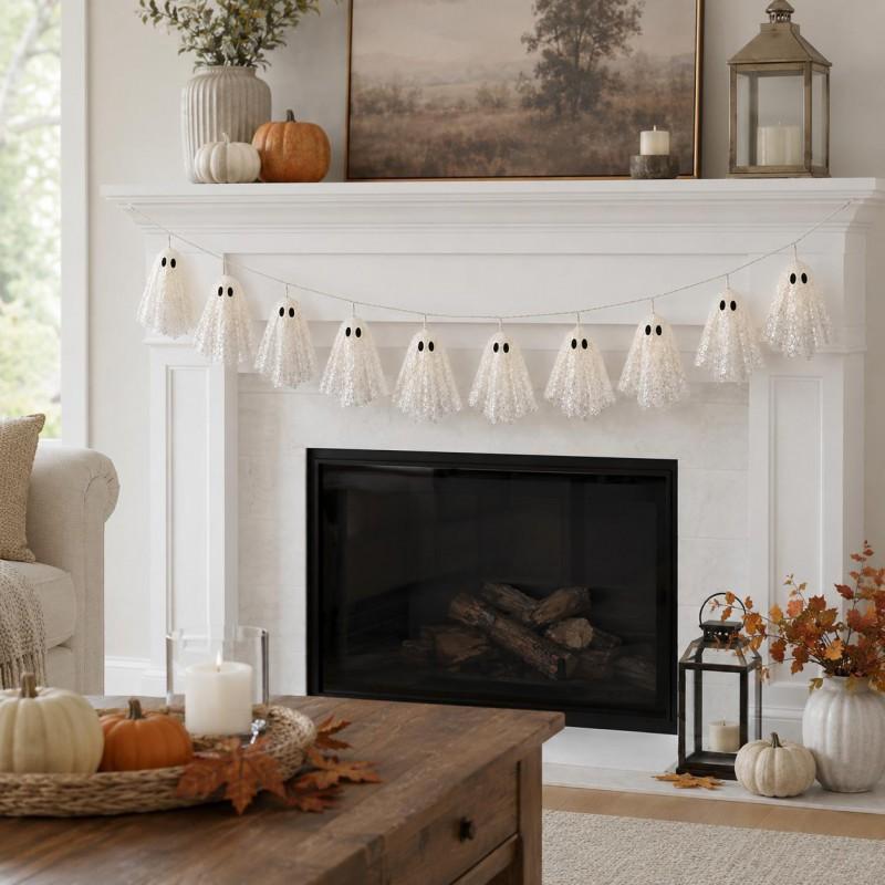 Lighted Lace Ghost Garland Halloween Fireplace Decor 10-Set Spooky Party Hanging