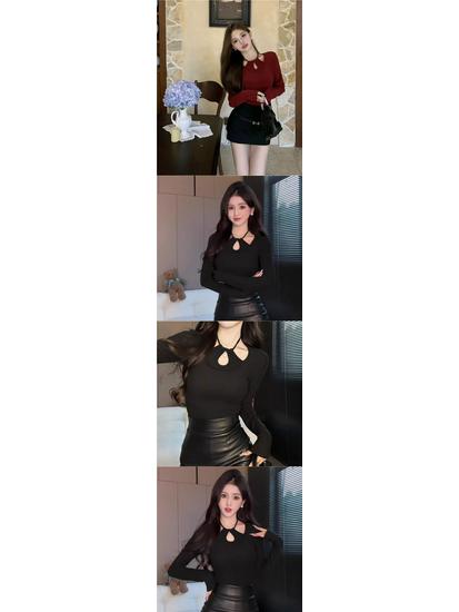 Women's Hollow Design Halter Neck Long Sleeve T-Shirt - Slim-Fit, Stylish, Sexy Spring/Autumn Base Layer.