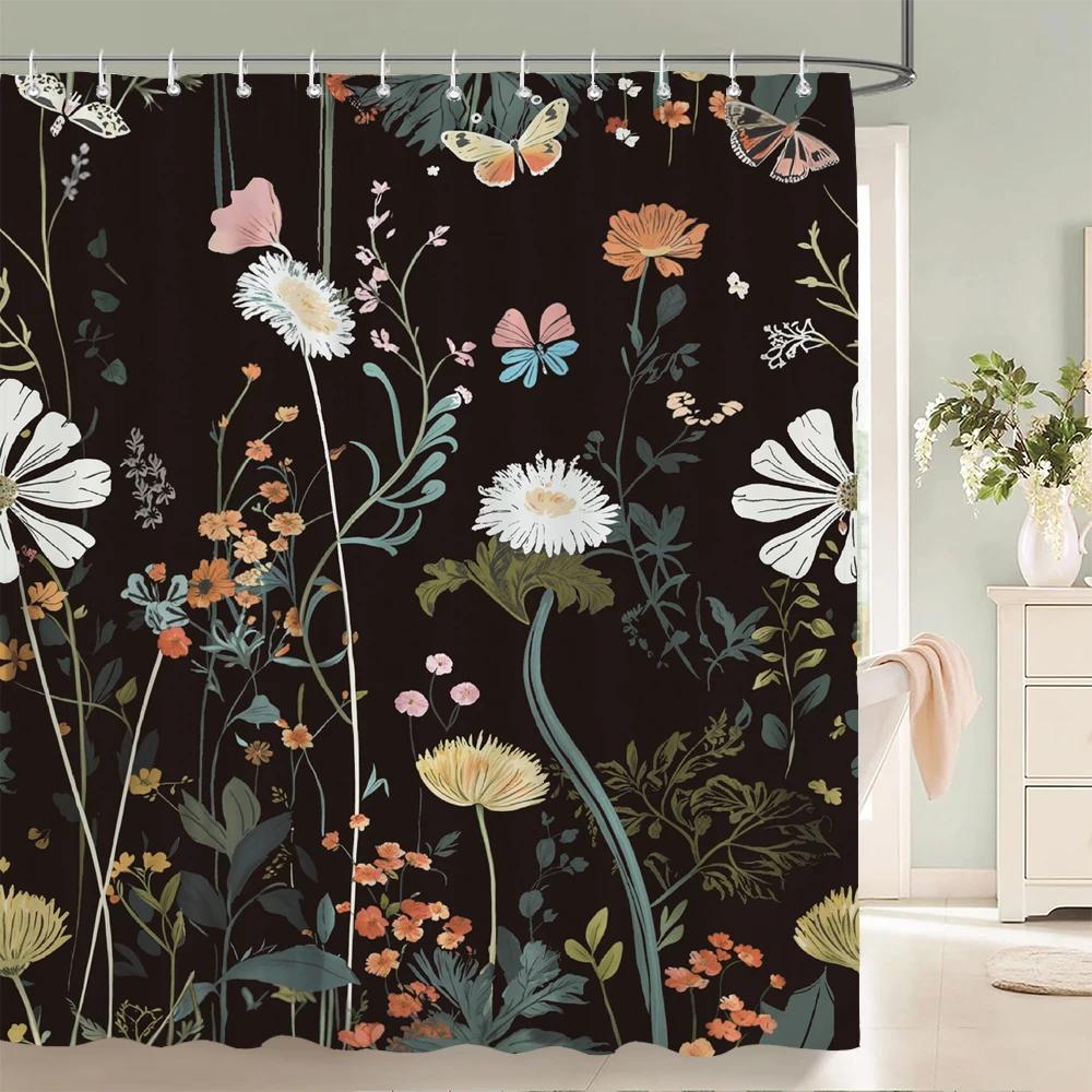 1 Pc Spring flowers and plants pattern Shower Curtain, Waterproof Fabric Bathroom Curtain Machine Washable for Bathtub Decor
