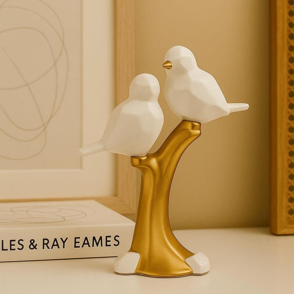 Ceramic Couple Birds Statue for Home Decor - Aesthetic Showpiece - Decorative Sculpture for Home Decor & Office Decor - 18x3x22 CM, White and Gold