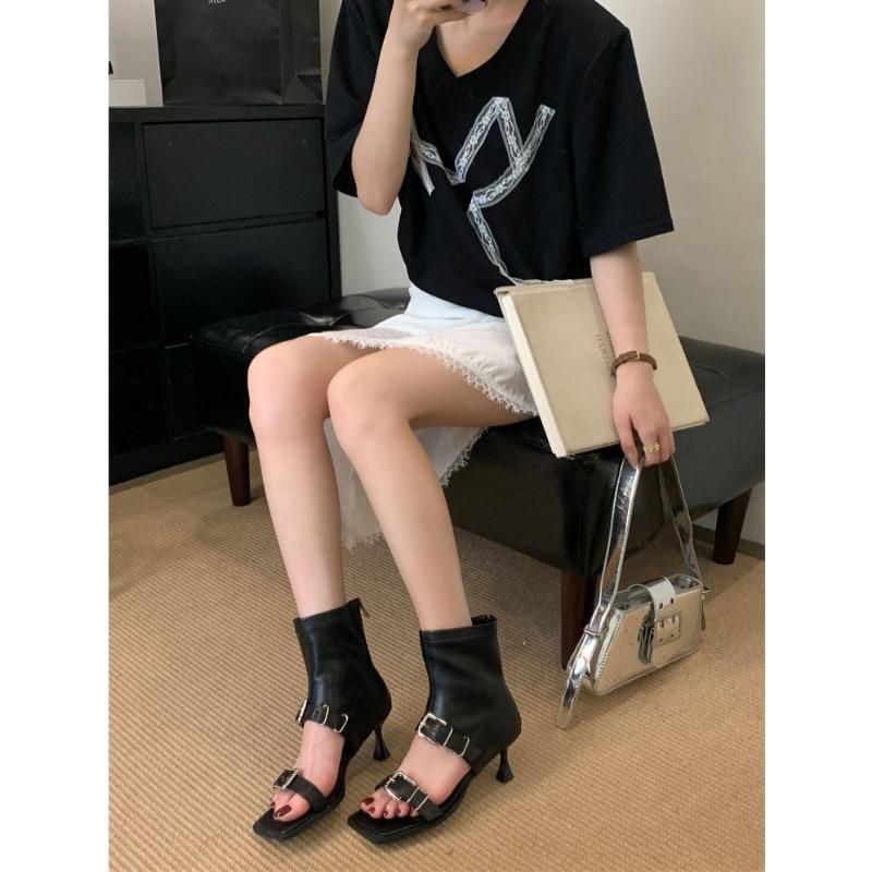 Eilyken Fashion Square Toe Women Ankle Boot Sandals Design Style  Narrow Band Buckle Strap Zipper Thin Heels Shoes