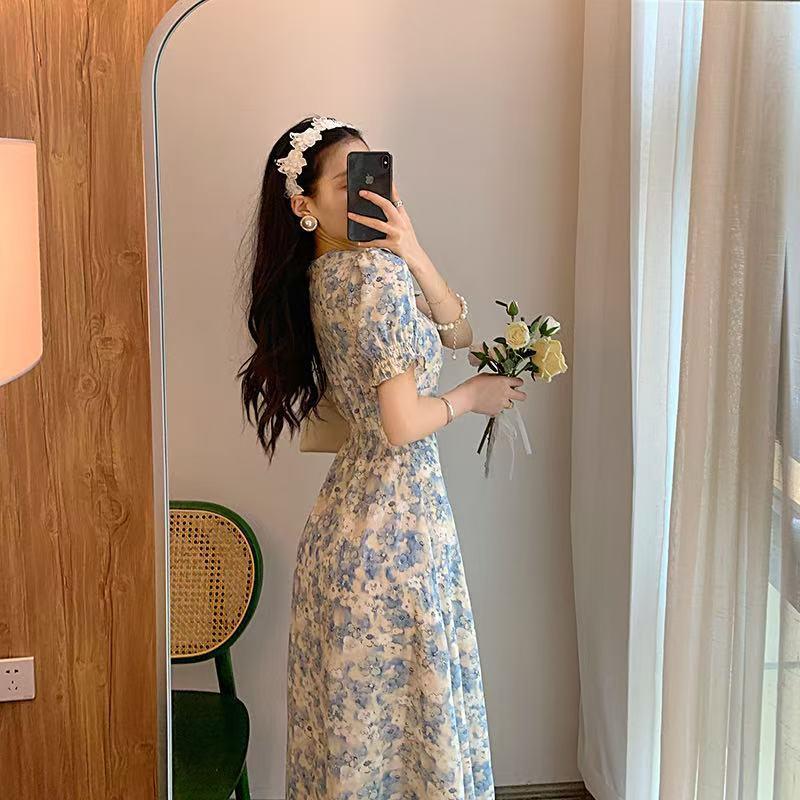 Coffee break French retro Hepburn style floral dress children summer pure desire sexy chic stunning pear-shaped body dress