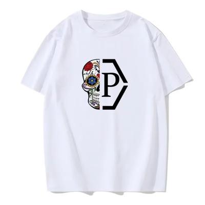 Luxury Brand Half Skull Flower Printed Letter Men's New Loose and Fashionable Short Sleeved T-shirt European Cotton T-shirt