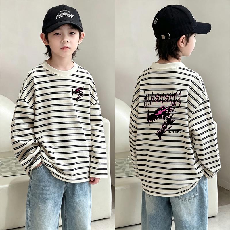 Boys' Striped Cotton Long-Sleeve T-shirt - New 2026 Style, Spring/Autumn Patchwork Base Layer for Medium/Large Children