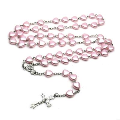 62KD Catholic Rosary Necklaces Heart-shaped Pendant Christian Long Chain