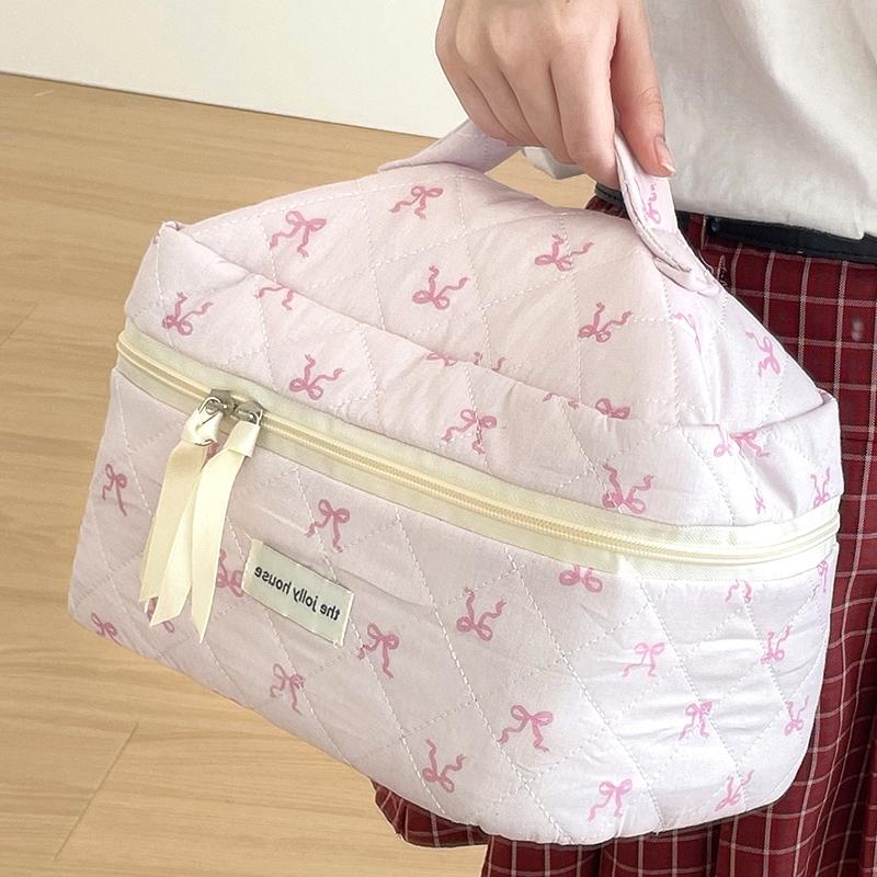 Pink Bow Cosmetic Bag Women Quilting Cosmetic Pouch Large Capacity Makeup Bag Portable Zipper Toiletry Organizer Handbag