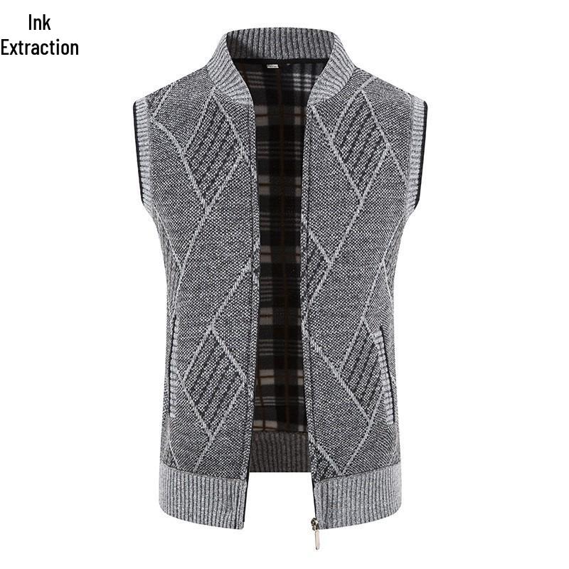 Pánský plusový sametový zahuštěný kardiganový svetr bez rukávů s výstřihem do V - Velká velikost, podzimní/zimní vesta pro středního věku a mladé pro běžné nošení