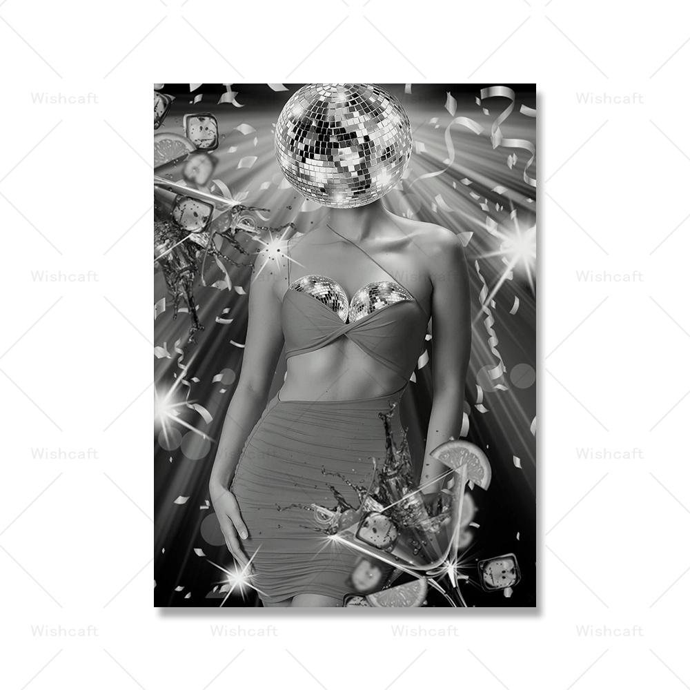 

Модный постер с принтом диско-шара для девочек, стильный настенный художественный черно-белый коктейльный холст, картина в стиле фанк, фотографии, декор 21x30cm No Framed