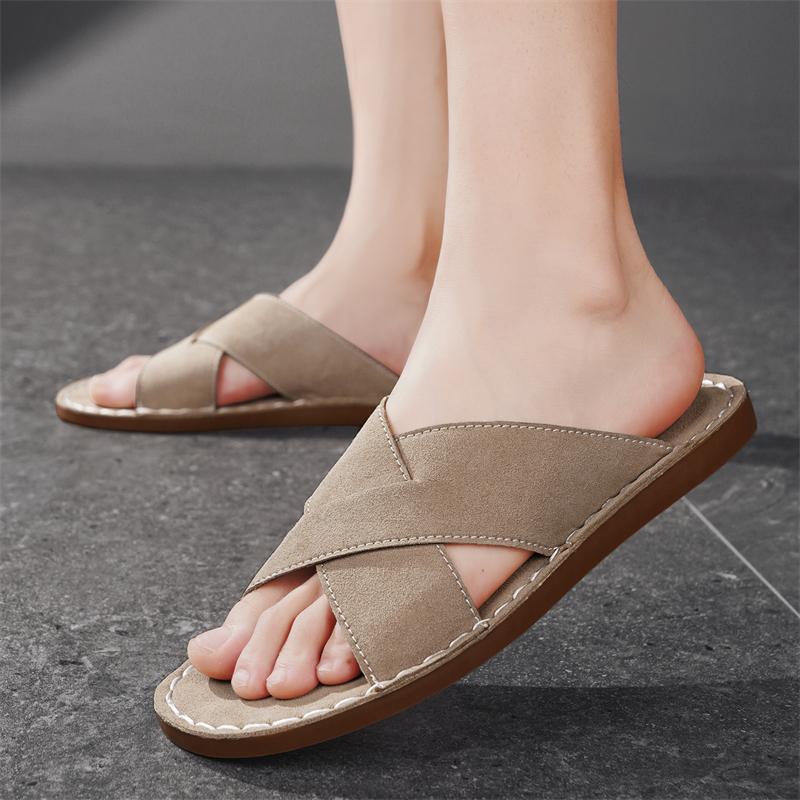 

Men Slippers Handmade Simple Flats Brown Suede Sandals Summer Open Toe Beige Beach Shoes Plus Size EU:48 бежевий