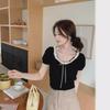 Tricou cu mânecă scurtă tricotat cu fundă din dantelă de vară 2024 - Top pentru femei, slim, dulce, pentru studenți