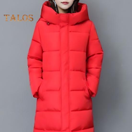 Winter Down Coat Thickened Padded Hooded Stand Collar Knee Length Pockets Zipper Closure Windproof Heat Retention Warm Daily Cold Weather Outwear