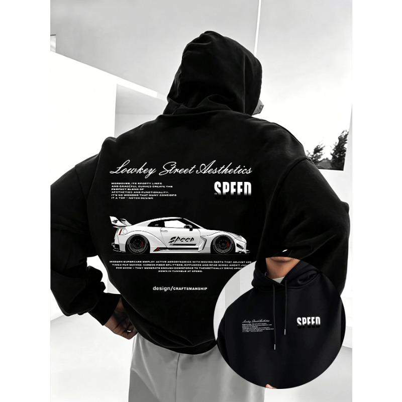 Men's American-style Street Sports Style Sports Car Print Hooded Sweatshirt for Autumn Winter with Added Insulation Thickness.