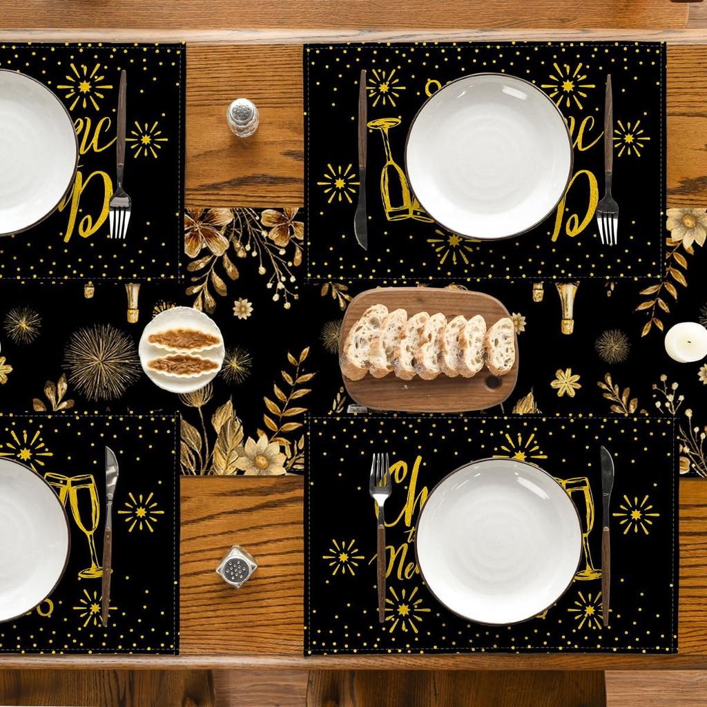 Artoid Mode Black and Gold Cheers to The 2026 New Year Placemats Set of 4, 12x18 Inch Festival Winter Table Mats for Party Kitchen Dining Decoration
