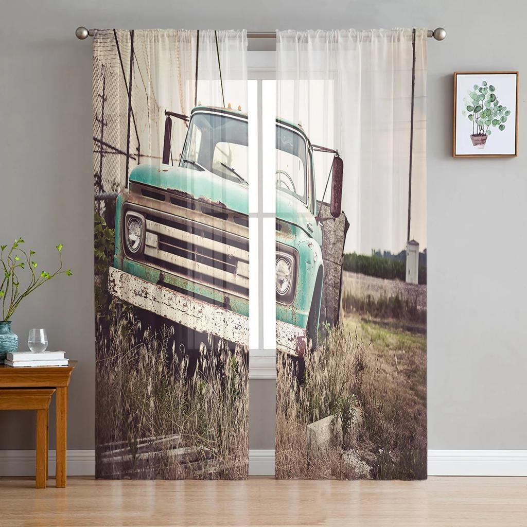 Truck Car Cartoon Voile Curtains Window Treatment Kitchen Living Room Bedroom Decoration Chiffon Tulle Modern Light Filtering Made Of Polyester