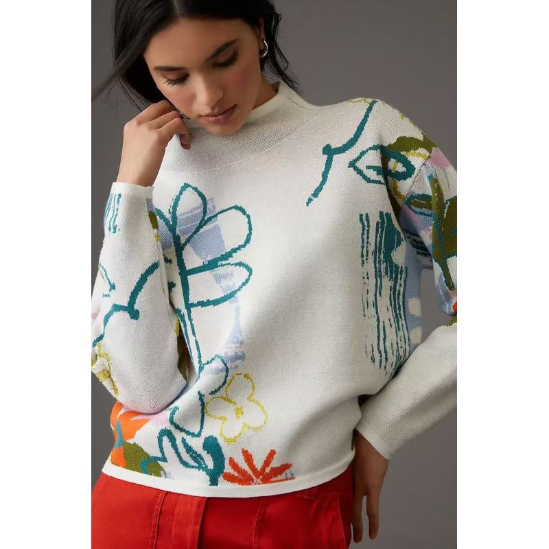 

American Style ~ an * Half Turtleneck Embroider Flower Sweatshirt Women s Top Figure XS
