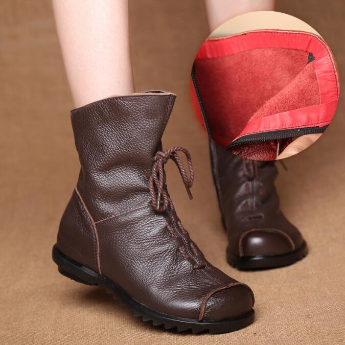 

Genuine Leather Plush women s short Boots Retro Casual Autumn Winter Women Boots Waterproof warm Snow boots Plus Size 42 42 коричневий