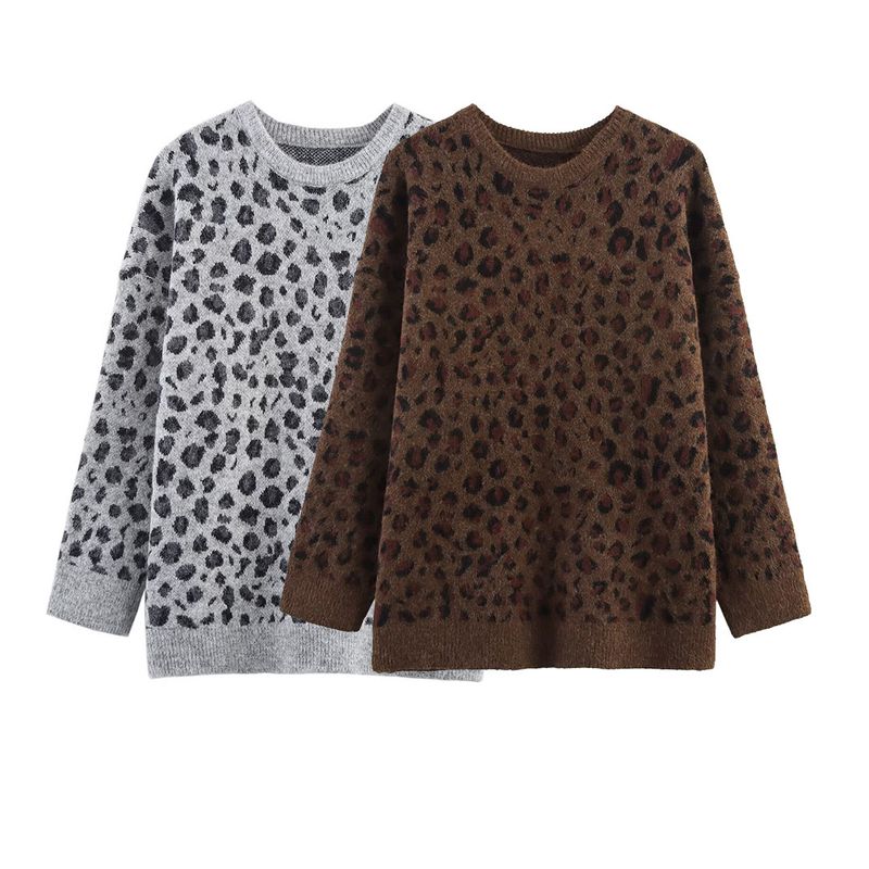 Kaslead New Women clothes Western Style Leopard Print Jacquard round Neck Loose Pullover Knit sweater Sweater