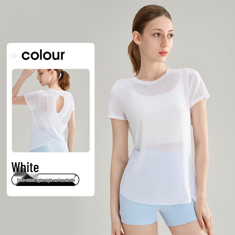 High-End Damen Slub Garn Aushöhlung Rücken Outdoor Sport Top – Atmungsaktiv, Rundhalsausschnitt, Kurzarm Fitness Yoga Überwurf für den Sommer.