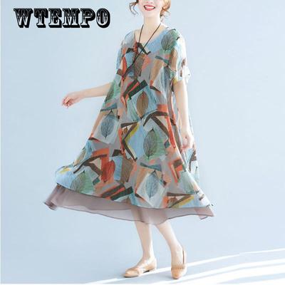 Women's Clothing Chiffon Dress Large Size Loose Round Neck Short Sleeve Printing Mid-length