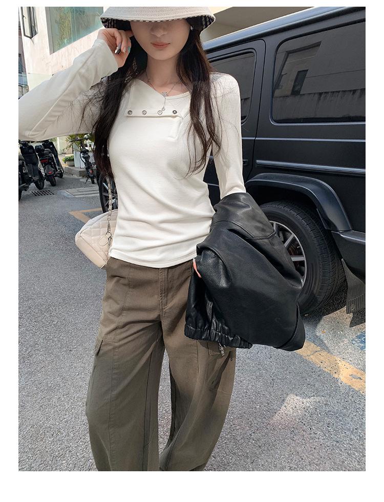 Women's Long-Sleeve Off-Shoulder Button-Up Base Layer Top - Stylish Autumn/Winter 2026 Arrival