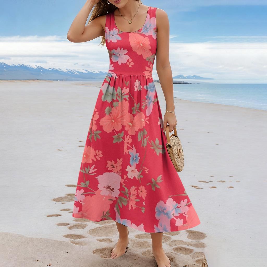 Ladies' floral summer casual and fashionable sleeveless long dress